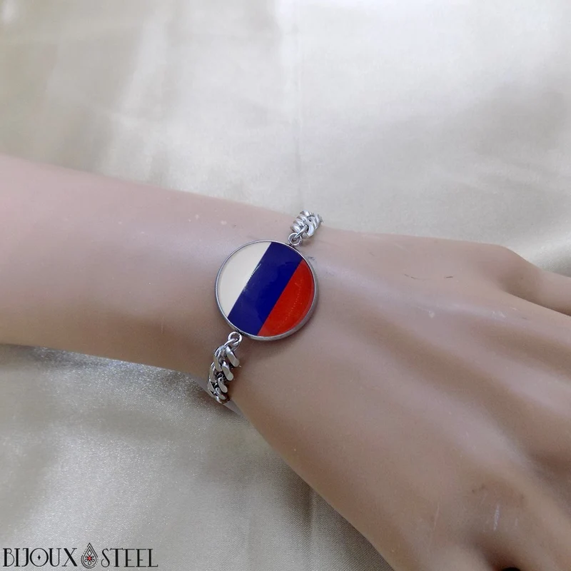 Bracelet homme maille cubaine drapeau de la Russie en acier inoxydable