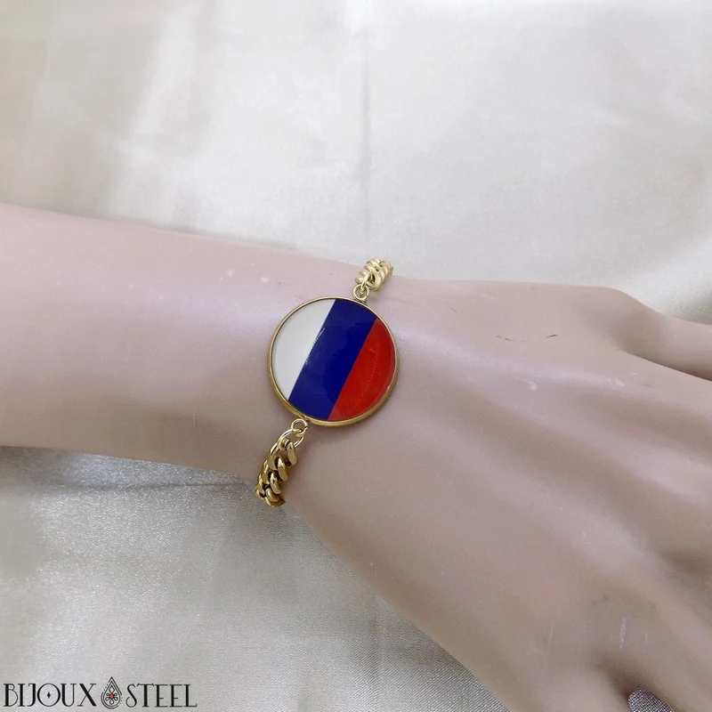 Bracelet homme maille cubaine drapeau de la Russie en acier inoxydable
