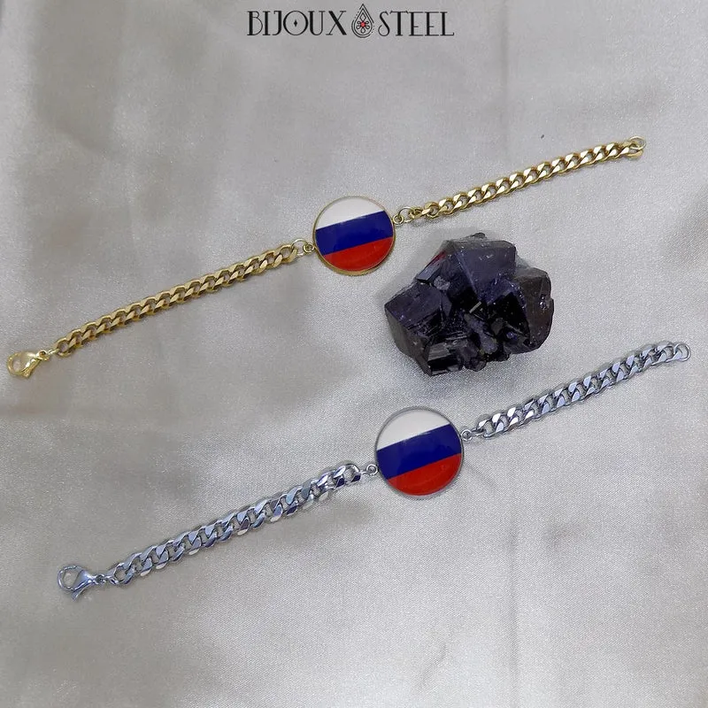 Bracelet homme maille cubaine drapeau de la Russie en acier inoxydable