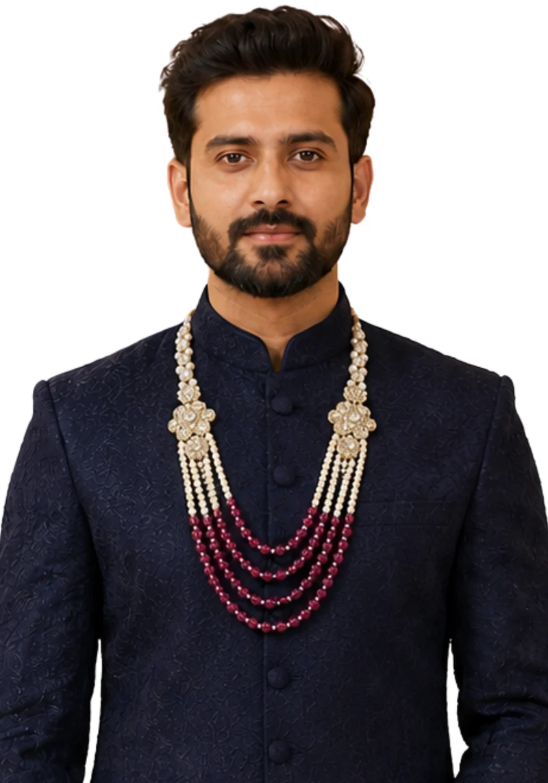 Mala Homme Rohan – Perles Ivoire & Framboise, Pierres Style Kundan