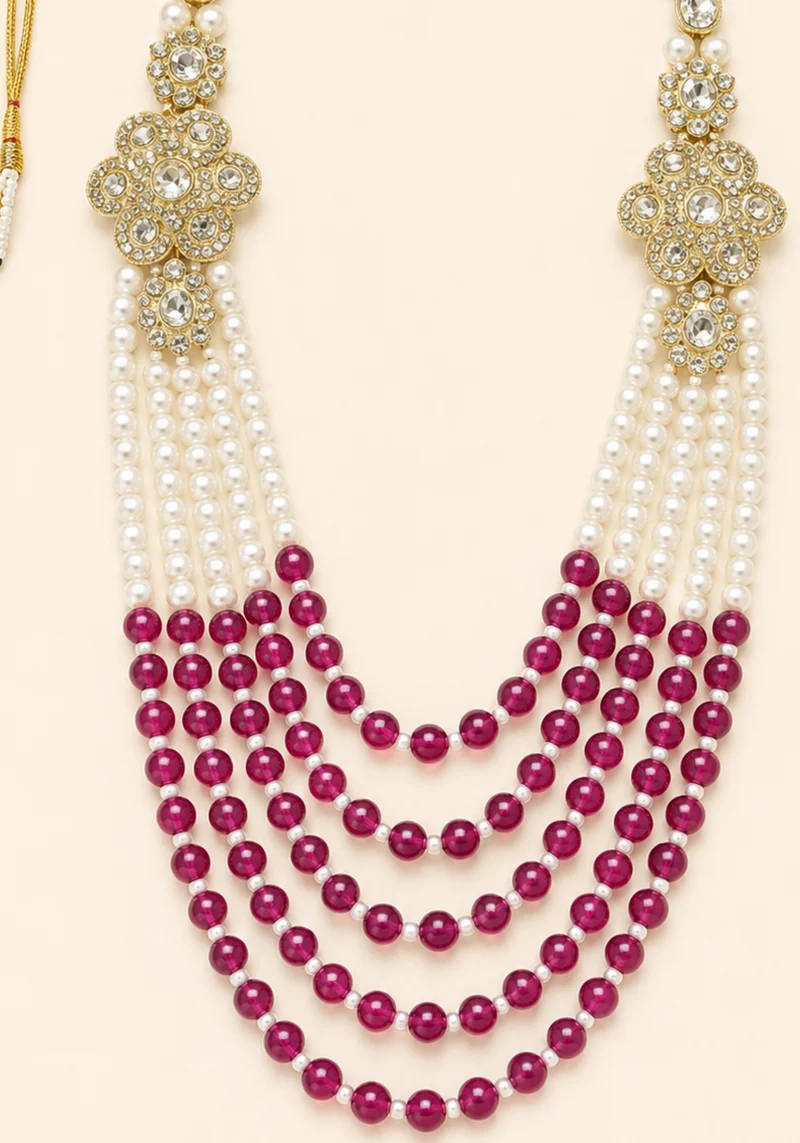 Mala Homme Rohan – Perles Ivoire & Framboise, Pierres Style Kundan