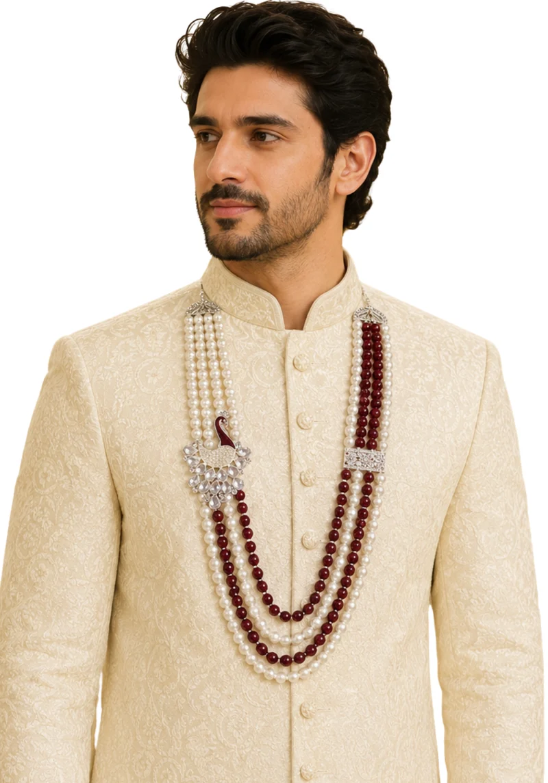 Mala Mayur – Collier de Marié Indien Bordeaux & Perles Ivoire