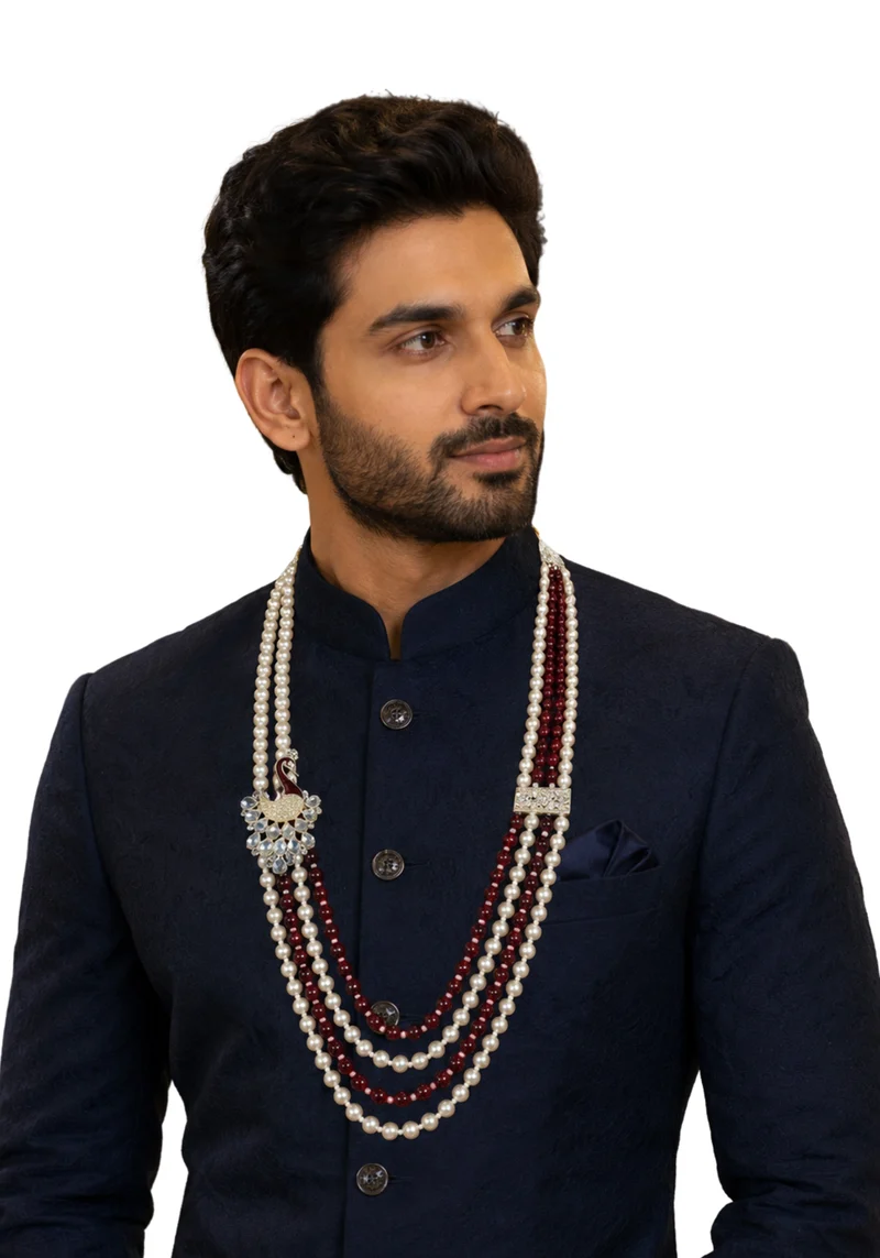 Mala Mayur – Collier de Marié Indien Bordeaux & Perles Ivoire