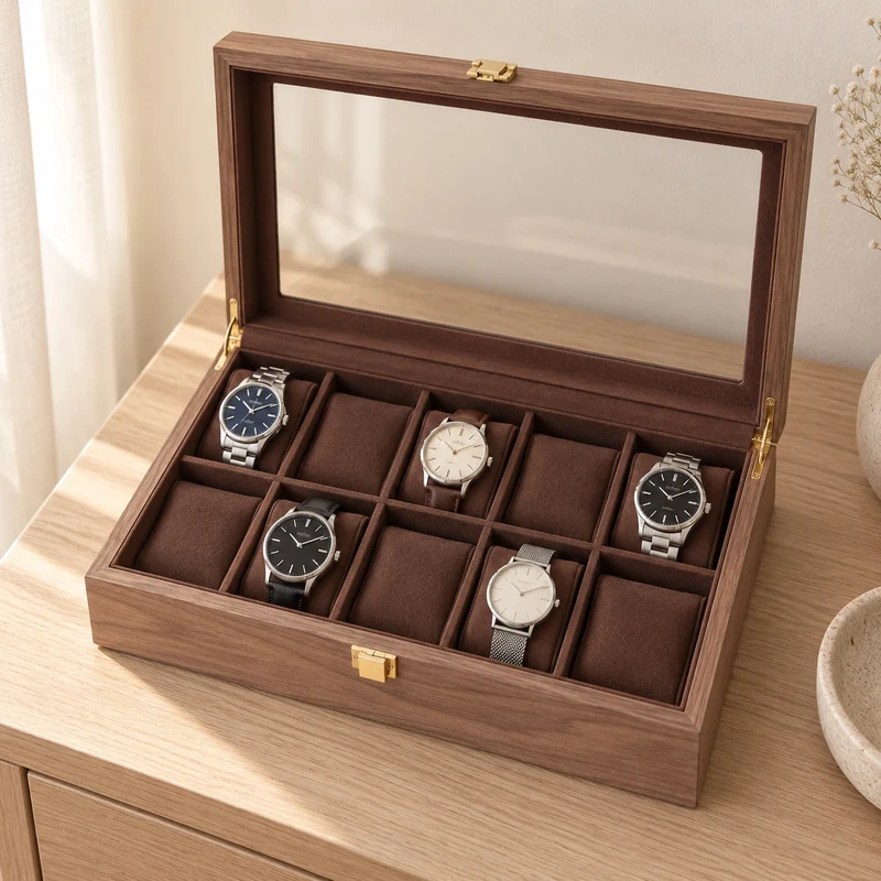 Coffret 10 montres bois de noyer