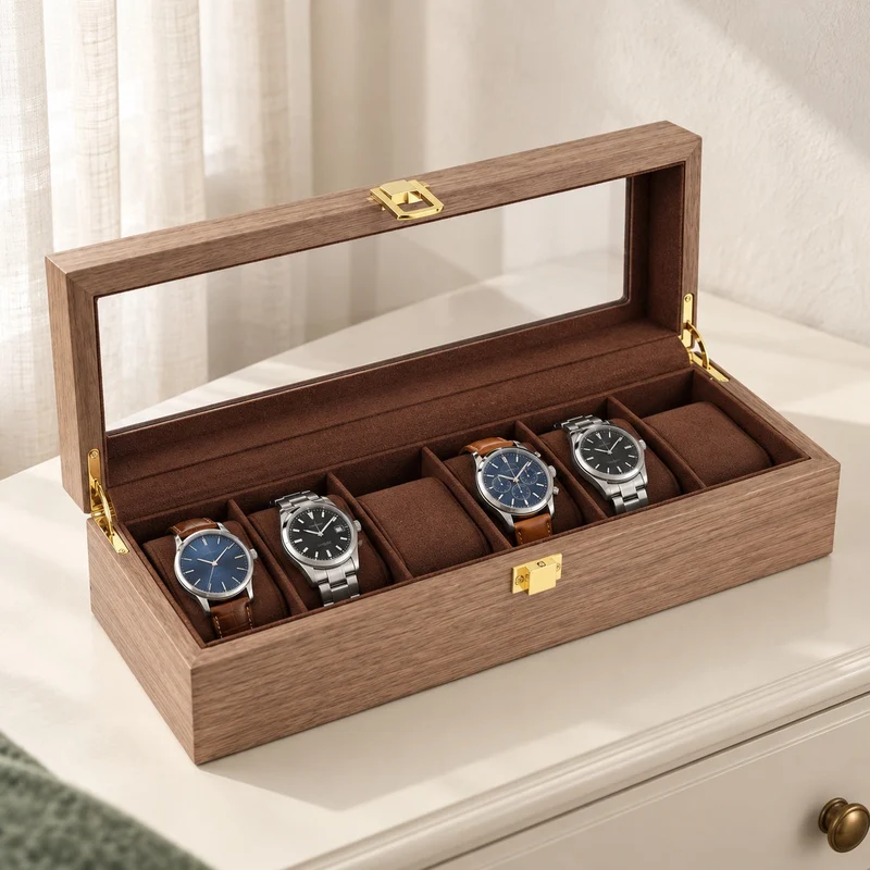 Boîte de rangement montres – Noyer 6 emplacements