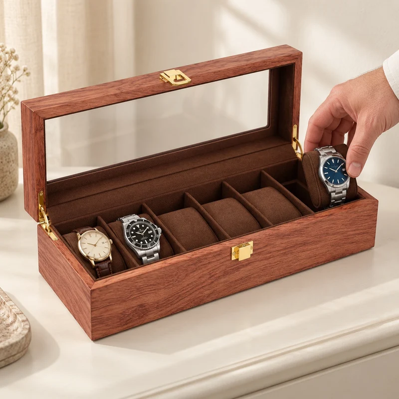 Boîte de rangement montres – Noyer 6 emplacements