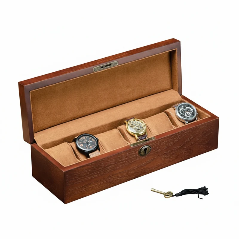 Boîte 6 montres – Bois foncé & flanelle