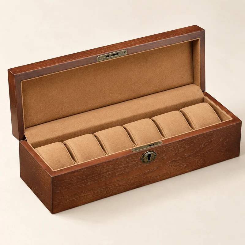 Boîte 6 montres – Bois foncé & flanelle