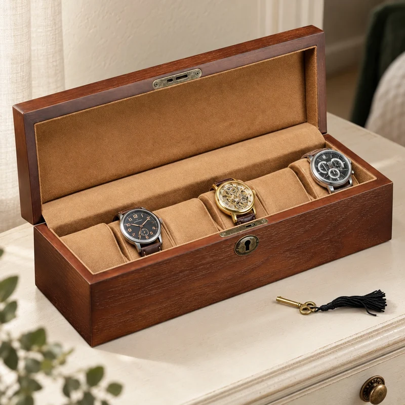 Boîte 6 montres – Bois foncé & flanelle