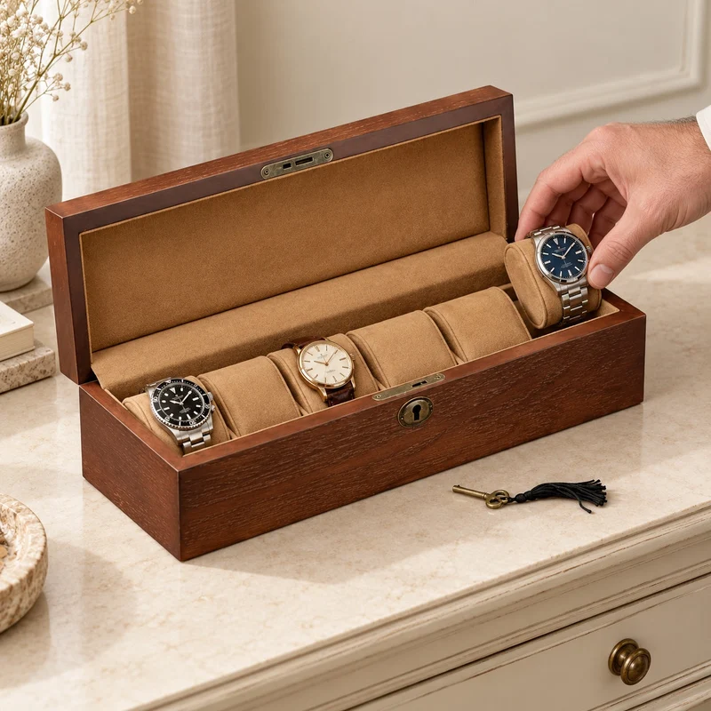 Boîte 6 montres – Bois foncé & flanelle
