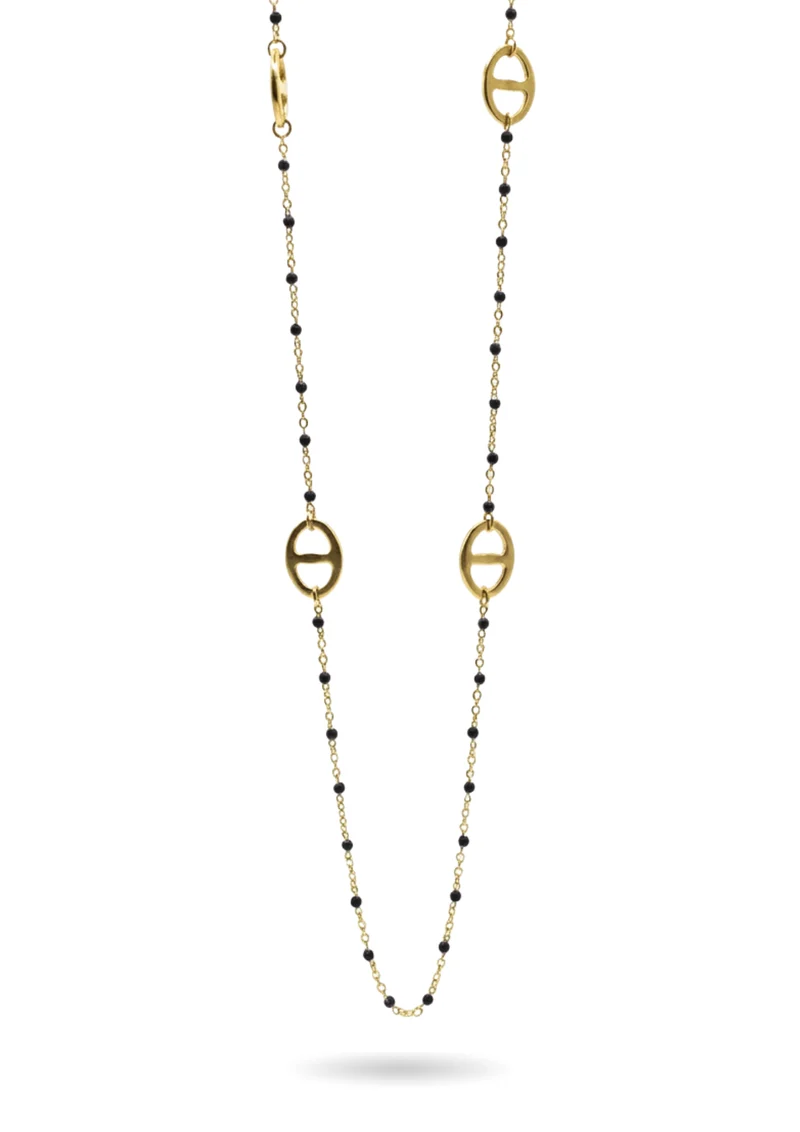 Sautoir Maille Marine Perles Noires