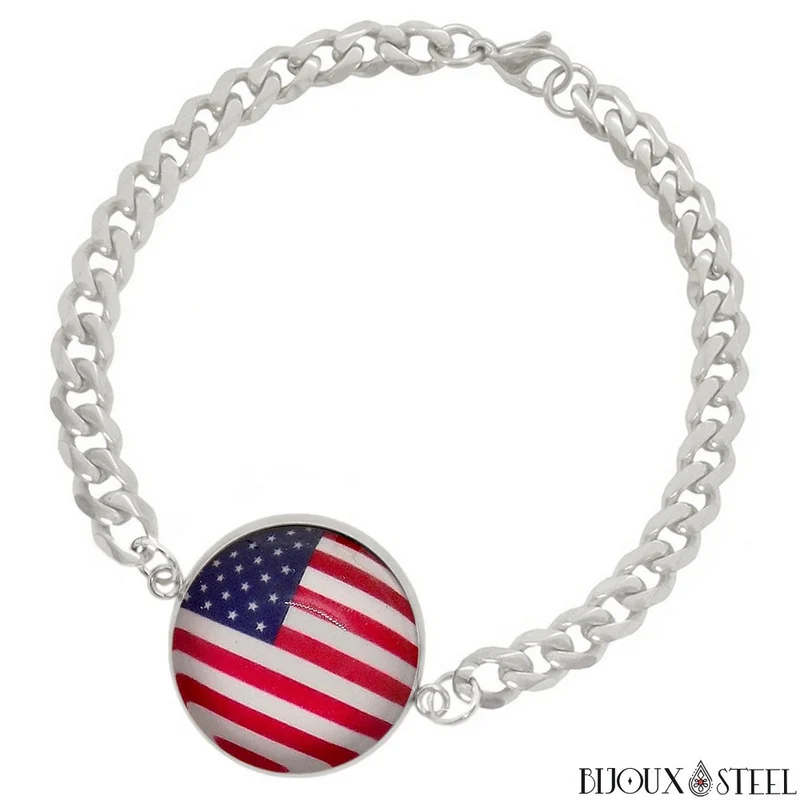Bracelet homme maille cubaine drapeau des États-Unis en acier inoxydable