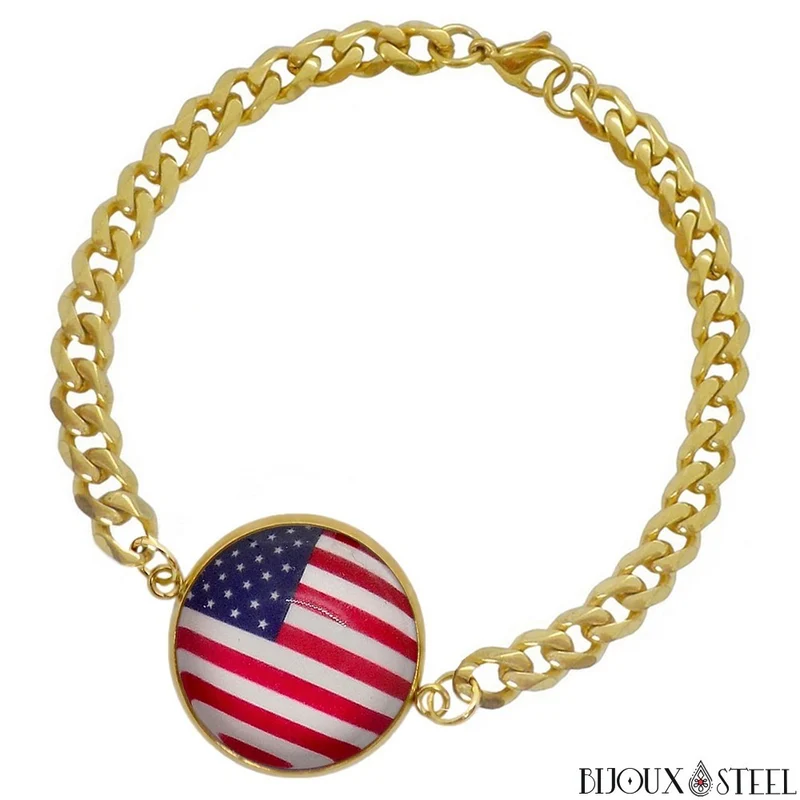 Bracelet homme maille cubaine drapeau des États-Unis en acier inoxydable