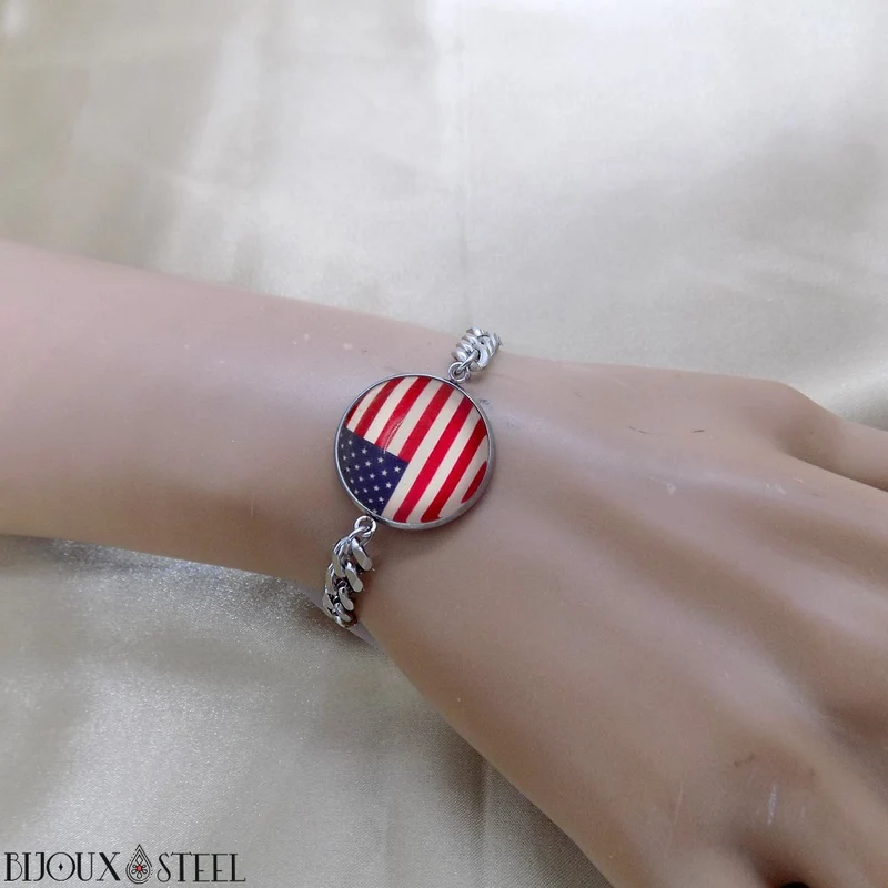 Bracelet homme maille cubaine drapeau des États-Unis en acier inoxydable