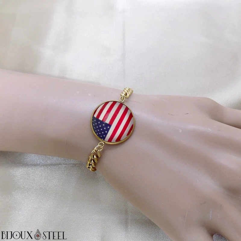 Bracelet homme maille cubaine drapeau des États-Unis en acier inoxydable