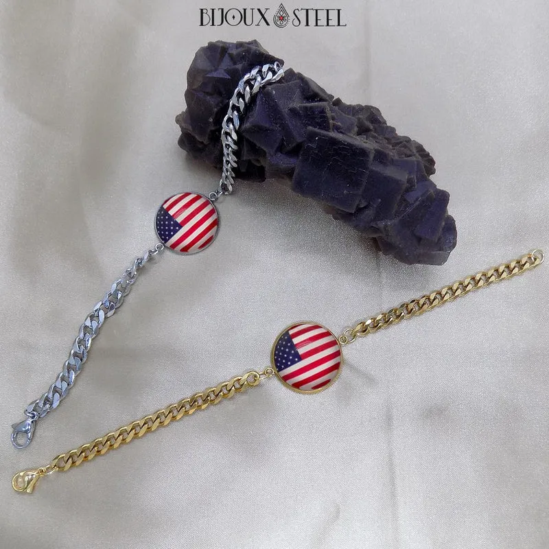 Bracelet homme maille cubaine drapeau des États-Unis en acier inoxydable