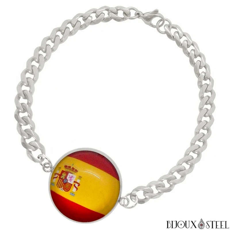 Bracelet homme maille cubaine drapeau de l'Espagne en acier inoxydable