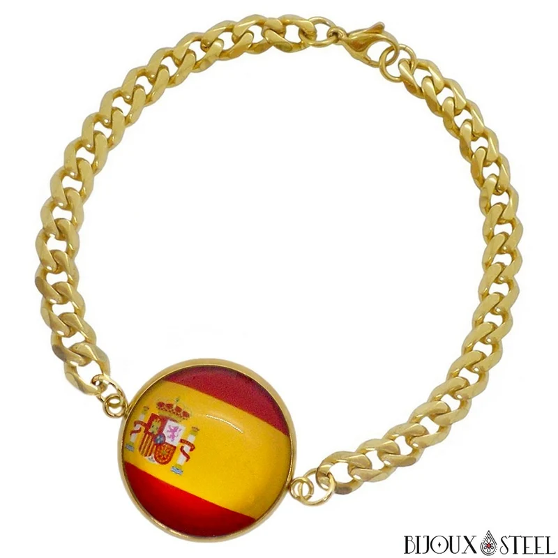 Bracelet homme maille cubaine drapeau de l'Espagne en acier inoxydable