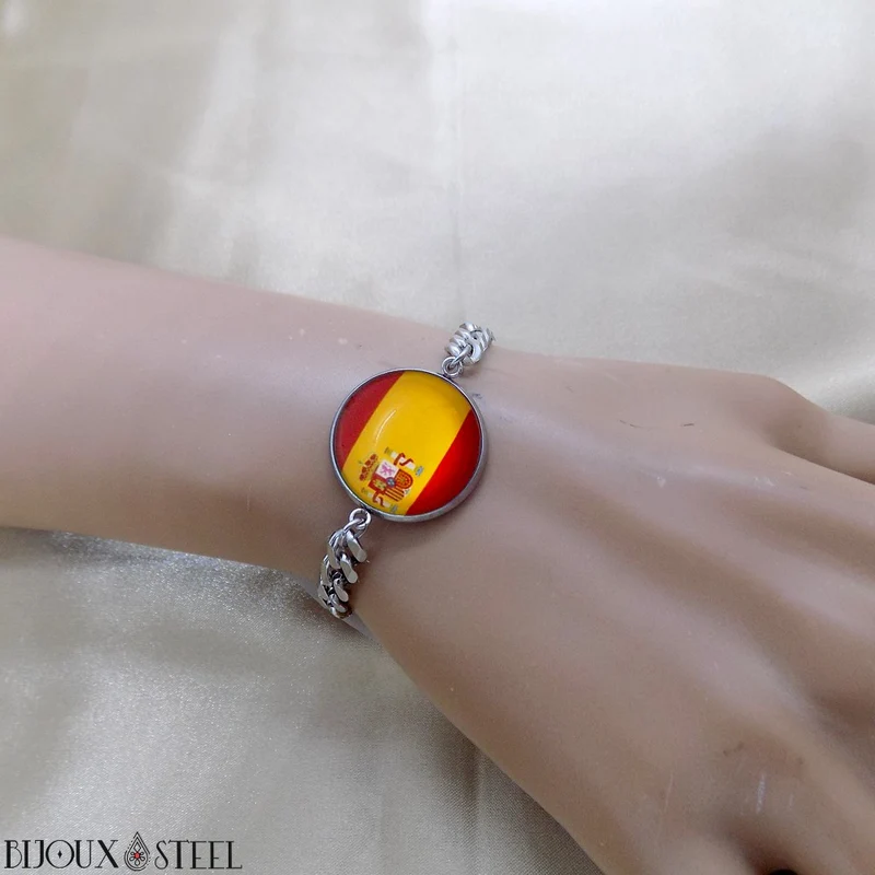 Bracelet homme maille cubaine drapeau de l'Espagne en acier inoxydable