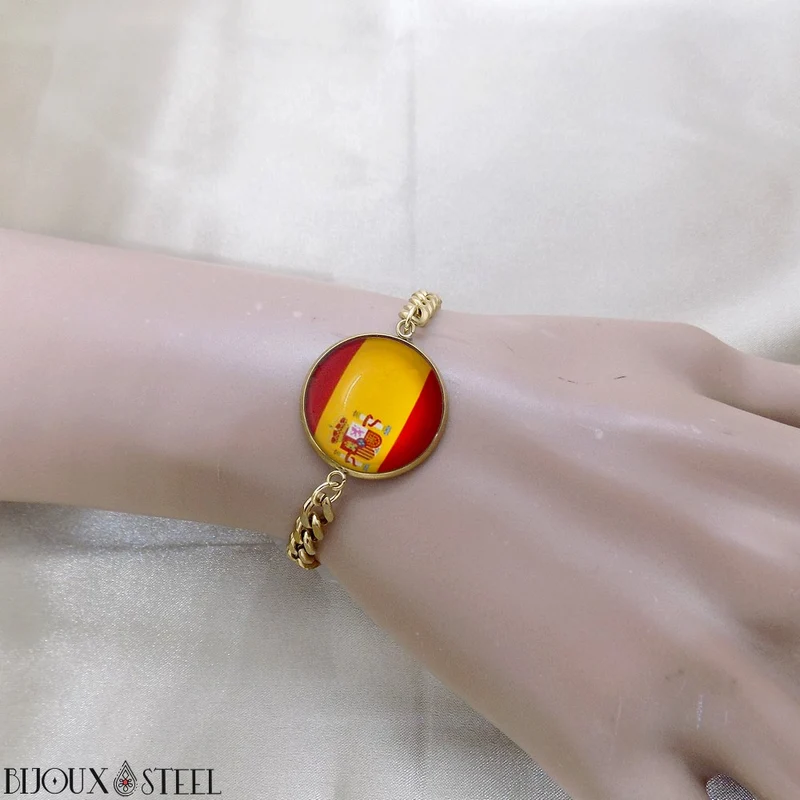 Bracelet homme maille cubaine drapeau de l'Espagne en acier inoxydable