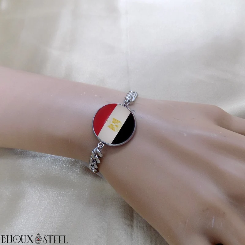 Bracelet homme maille cubaine drapeau de l'Égypte en acier inoxydable