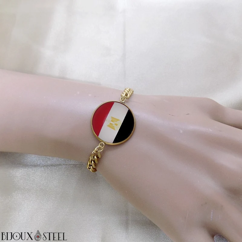 Bracelet homme maille cubaine drapeau de l'Égypte en acier inoxydable