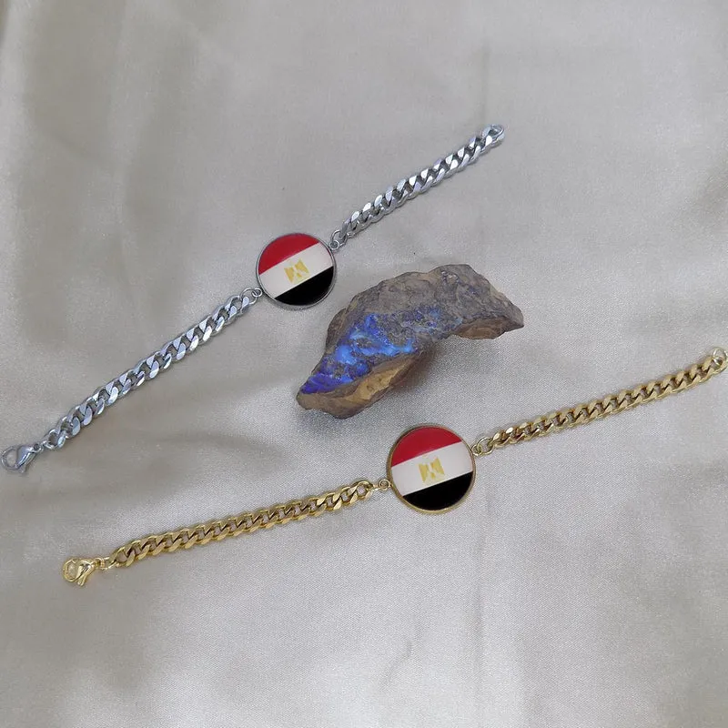 Bracelet homme maille cubaine drapeau de l'Égypte en acier inoxydable