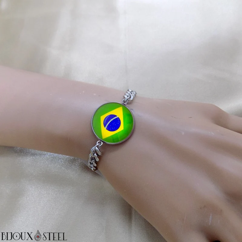 Bracelet homme maille cubaine drapeau du Brésil en acier inoxydable