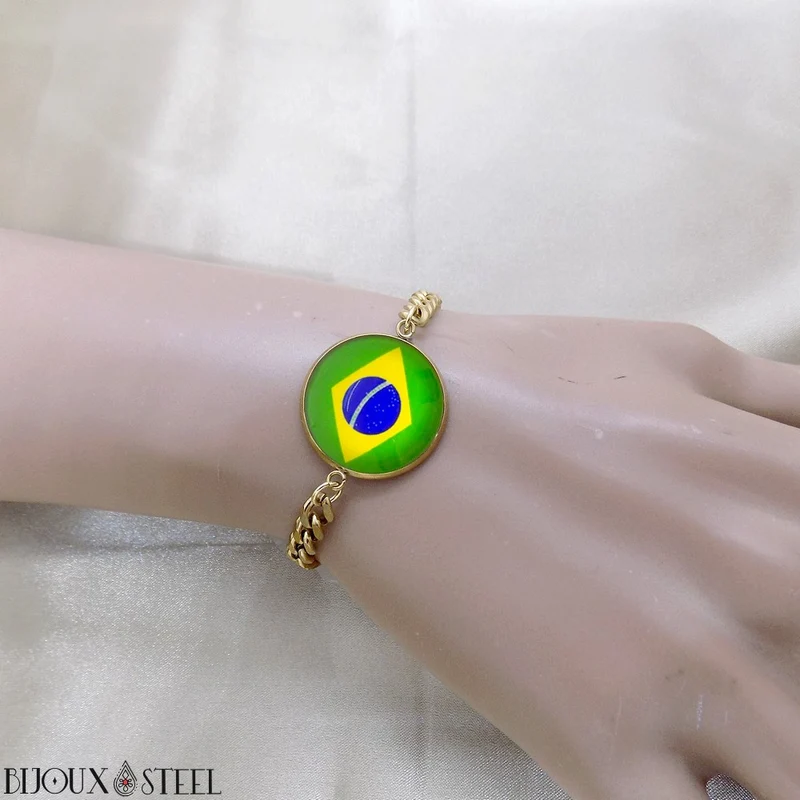 Bracelet homme maille cubaine drapeau du Brésil en acier inoxydable