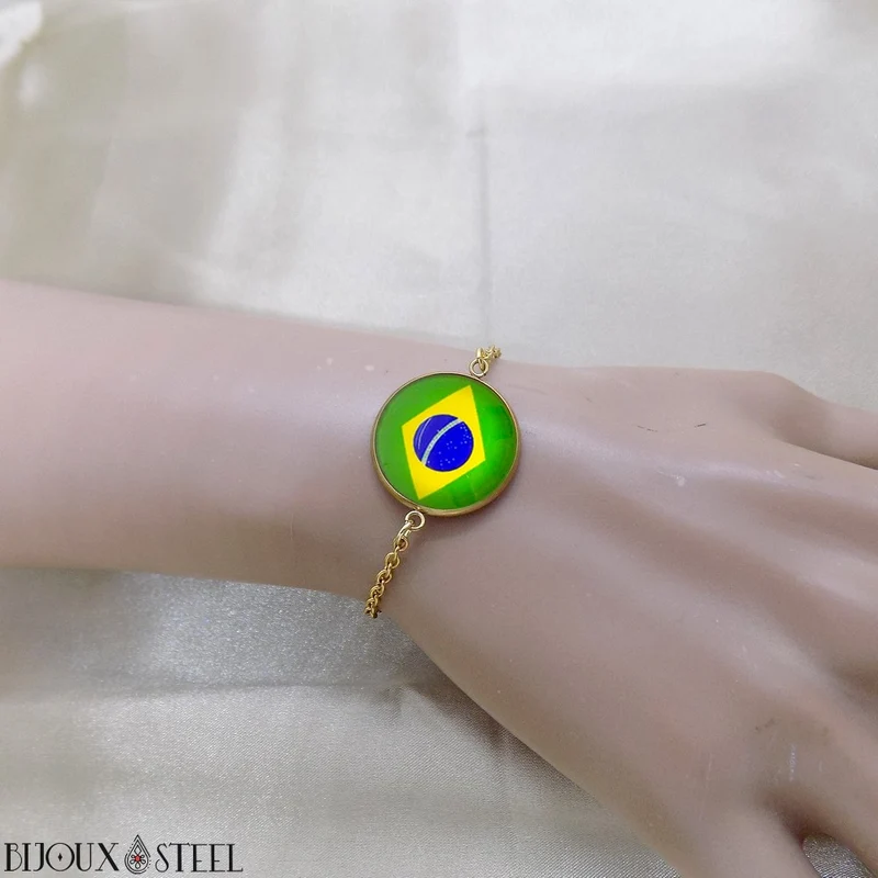 Bracelet femme drapeau du Brésil en acier inoxydable