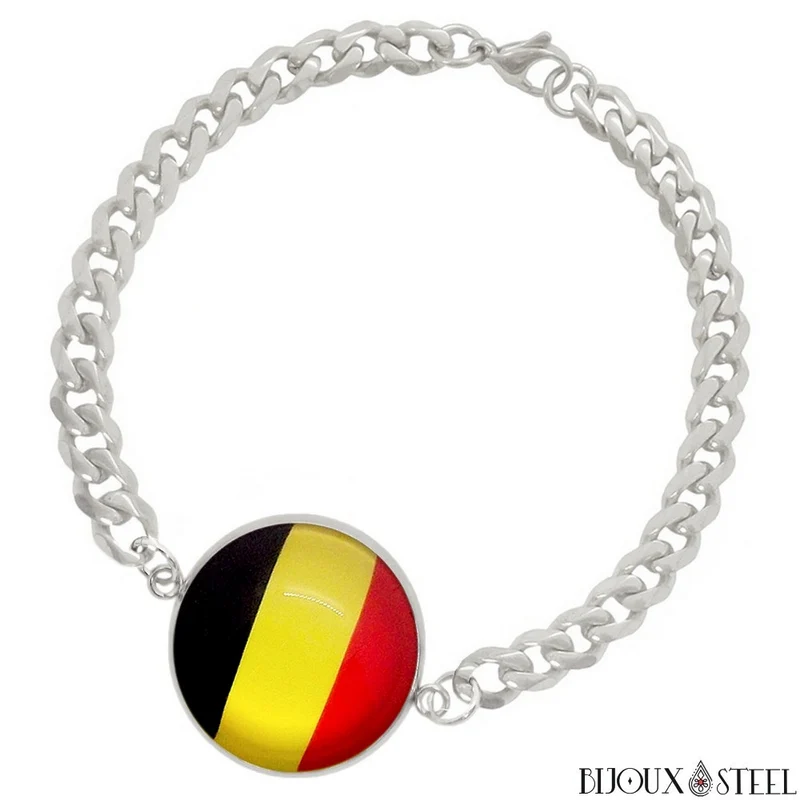 Bracelet homme maille cubaine drapeau de la Belgique en acier inoxydable