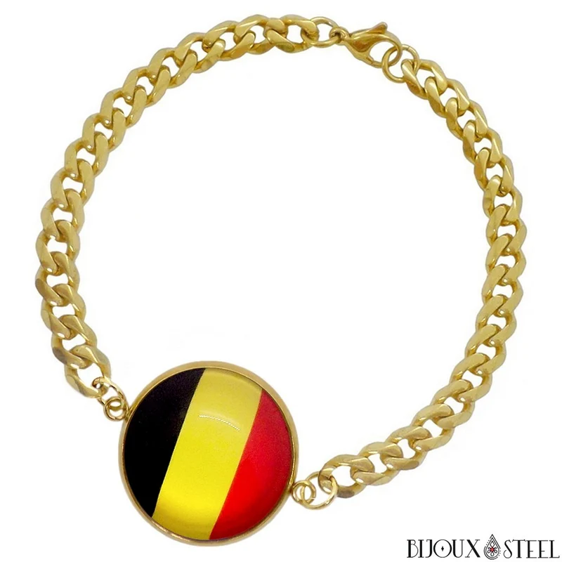 Bracelet homme maille cubaine drapeau de la Belgique en acier inoxydable