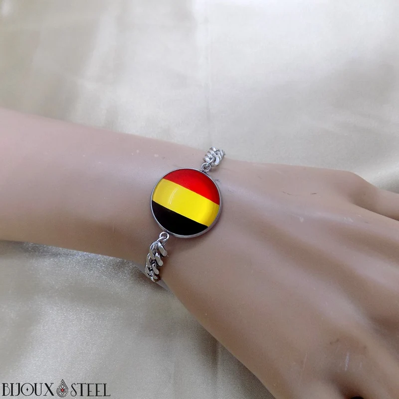 Bracelet homme maille cubaine drapeau de la Belgique en acier inoxydable