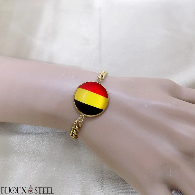 Bracelet homme maille cubaine drapeau de la Belgique en acier inoxydable