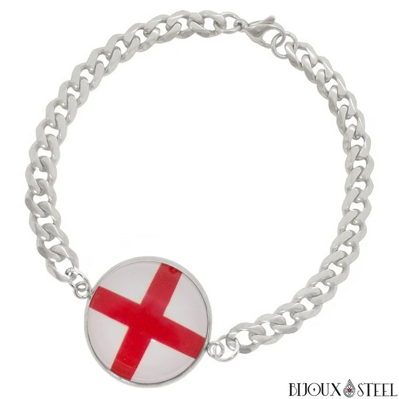 Bracelet homme maille cubaine drapeau de l'Angleterre en acier inoxydable