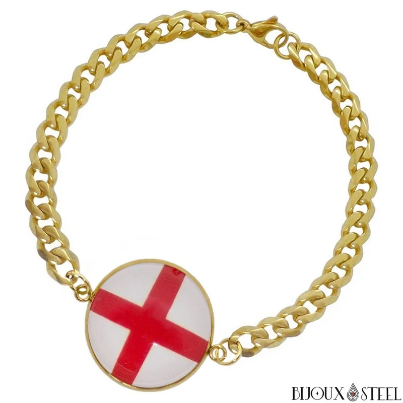 Bracelet homme maille cubaine drapeau de l'Angleterre en acier inoxydable