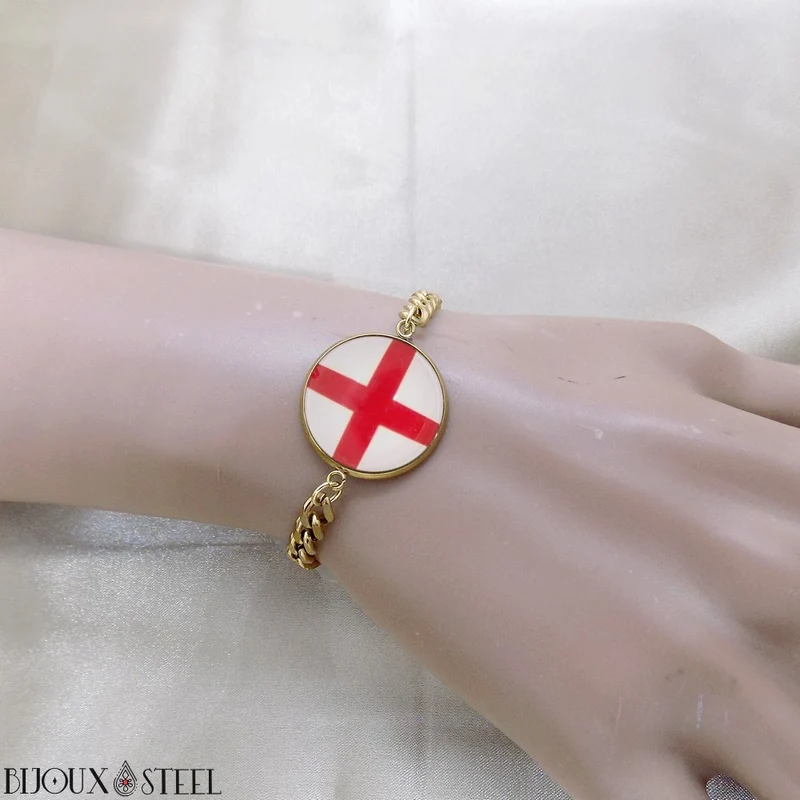Bracelet homme maille cubaine drapeau de l'Angleterre en acier inoxydable