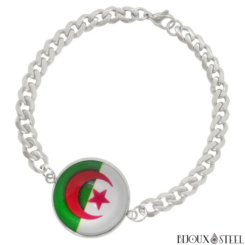Bracelet homme maille cubaine drapeau de l'Algérie en acier inoxydable