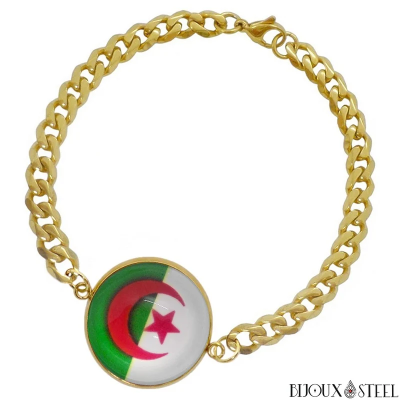 Bracelet homme maille cubaine drapeau de l'Algérie en acier inoxydable