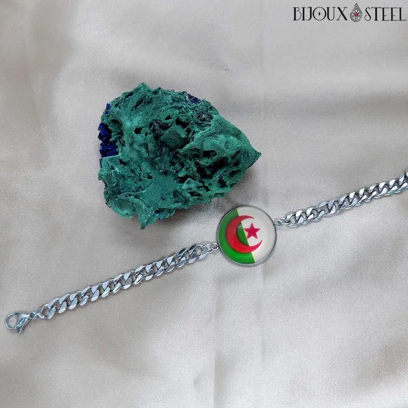 Bracelet homme maille cubaine drapeau de l'Algérie en acier inoxydable