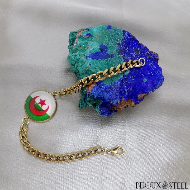 Bracelet homme maille cubaine drapeau de l'Algérie en acier inoxydable