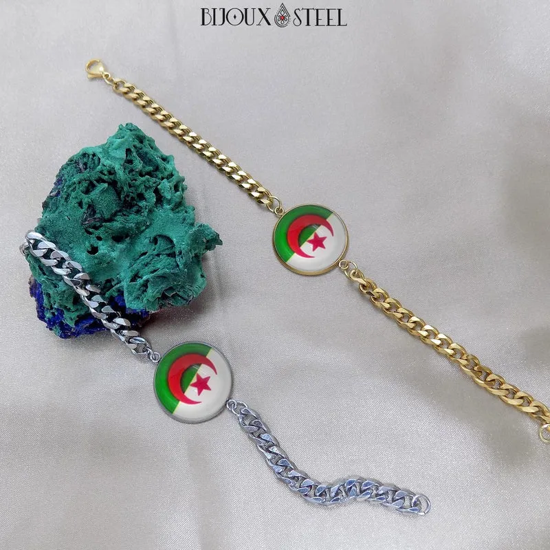 Bracelet homme maille cubaine drapeau de l'Algérie en acier inoxydable