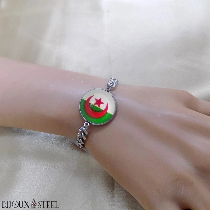 Bracelet homme maille cubaine drapeau de l'Algérie en acier inoxydable