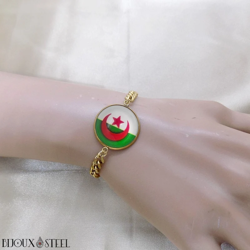 Bracelet homme maille cubaine drapeau de l'Algérie en acier inoxydable