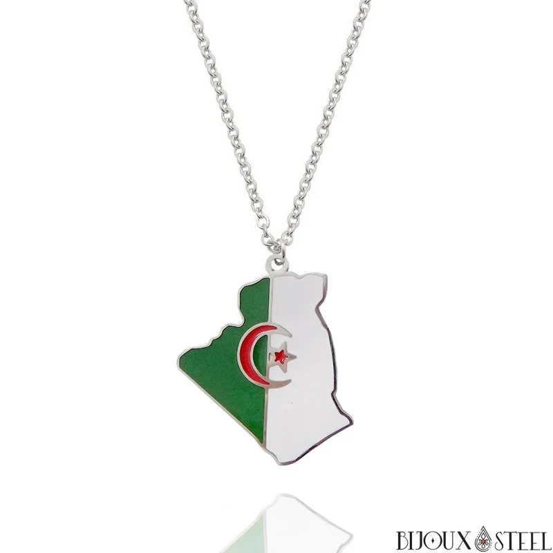 Collier à pendentif carte de l'Algérie en acier inoxydable