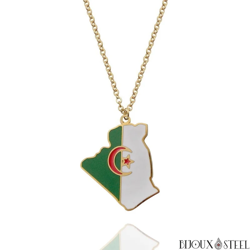 Collier à pendentif carte de l'Algérie en acier inoxydable