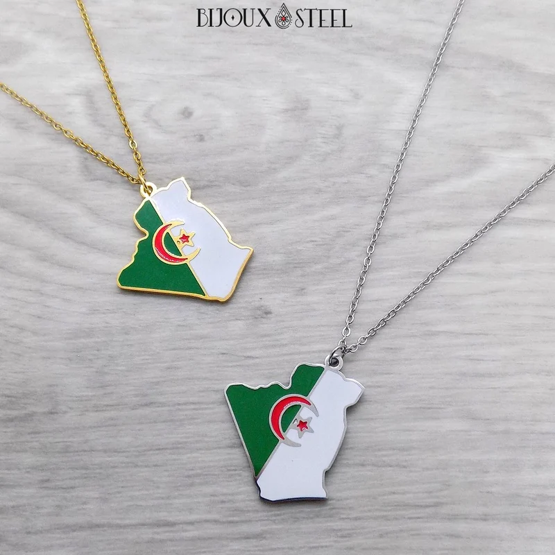 Collier à pendentif carte de l'Algérie en acier inoxydable