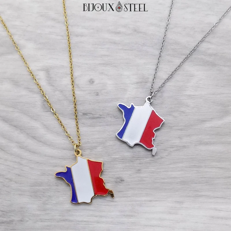 Collier à pendentif carte de la France en acier inoxydable