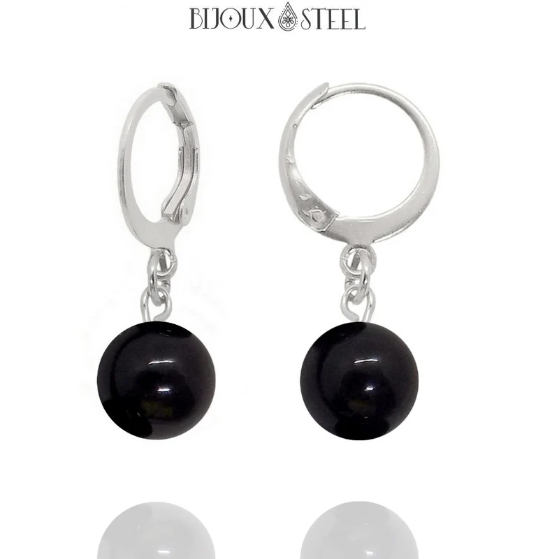 Boucles d'oreilles créoles à pendentifs perles d'obsidienne noire