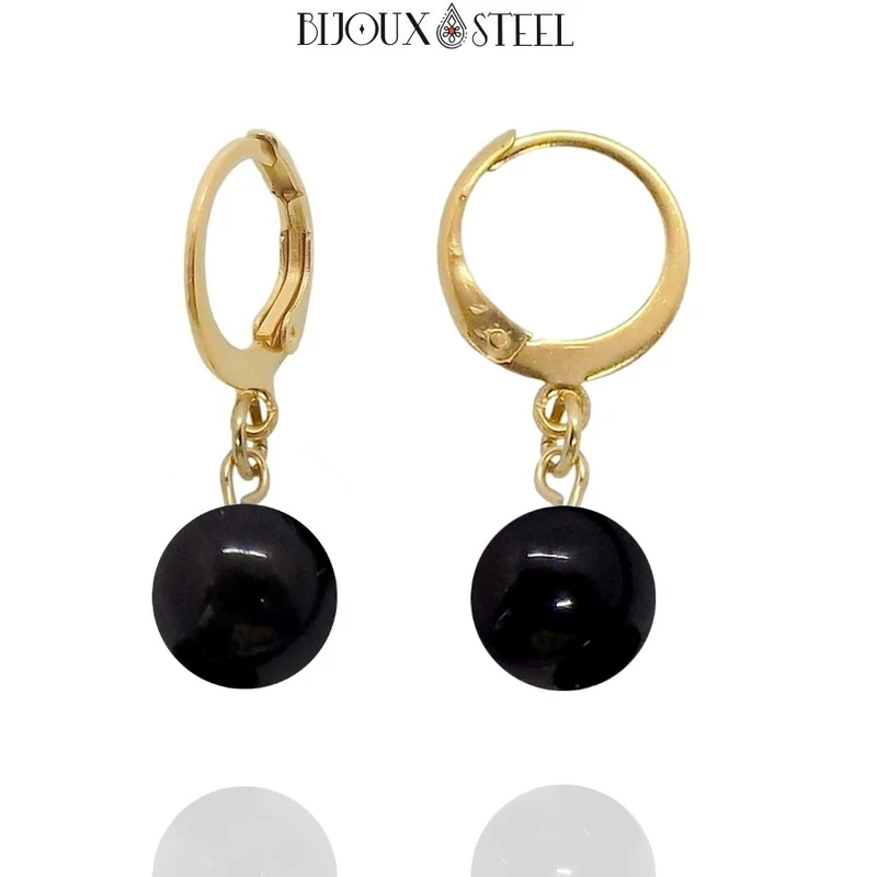 Boucles d'oreilles créoles à pendentifs perles d'obsidienne noire